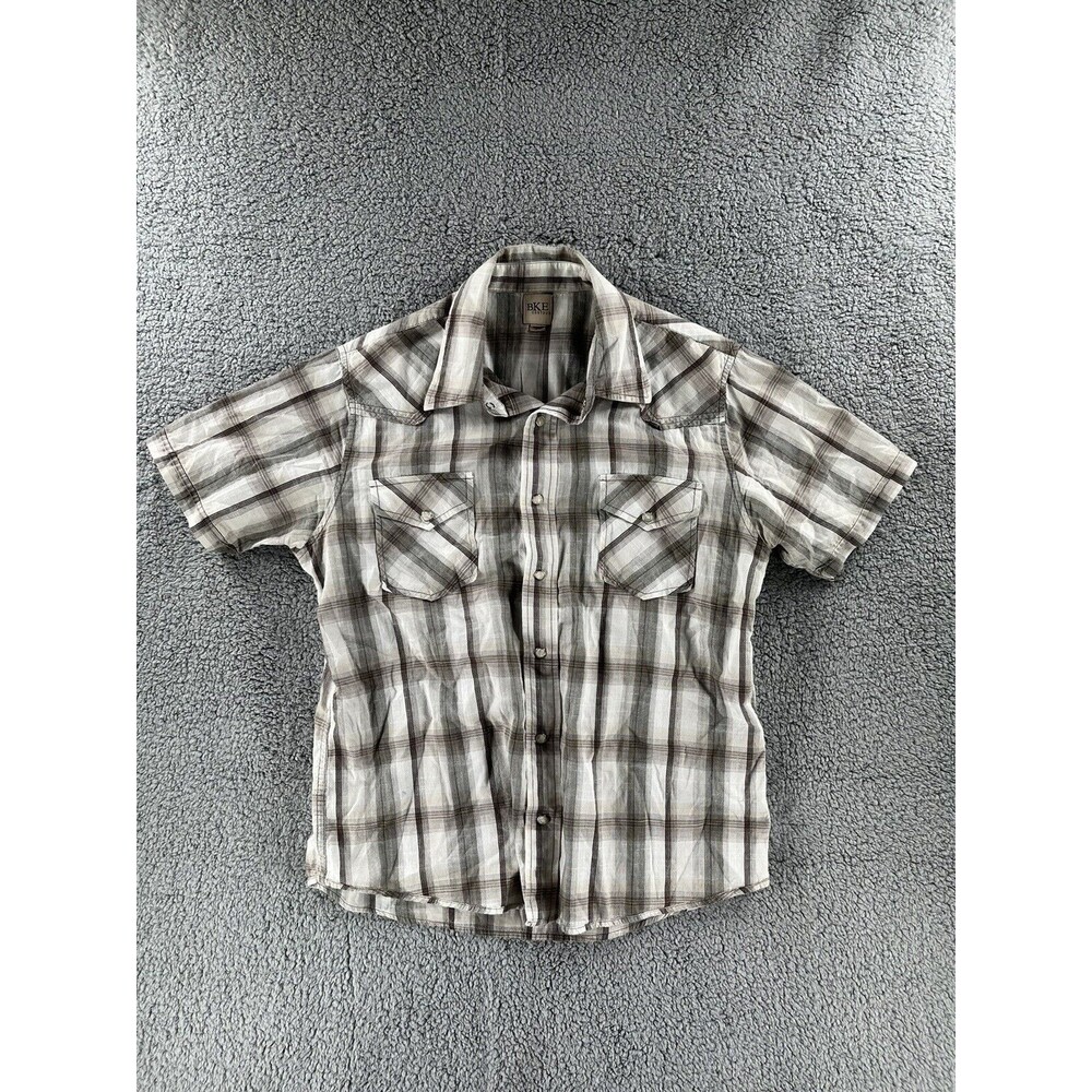 BKE Contour Brown White Plaid Short Sleeve Pearl Snap Shirt Mens M